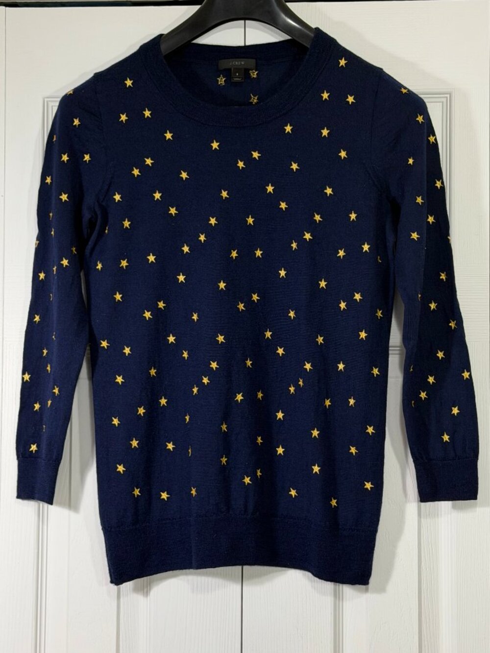 J.Crew Tippi Navy Blue Sweater with Embroidered Gold Stars, 100% Merino Wool